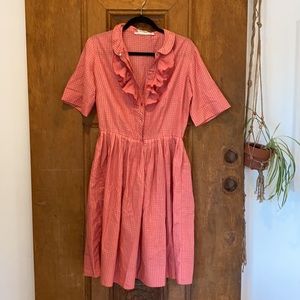 Vintage gingham ruffle dress coral red tan large